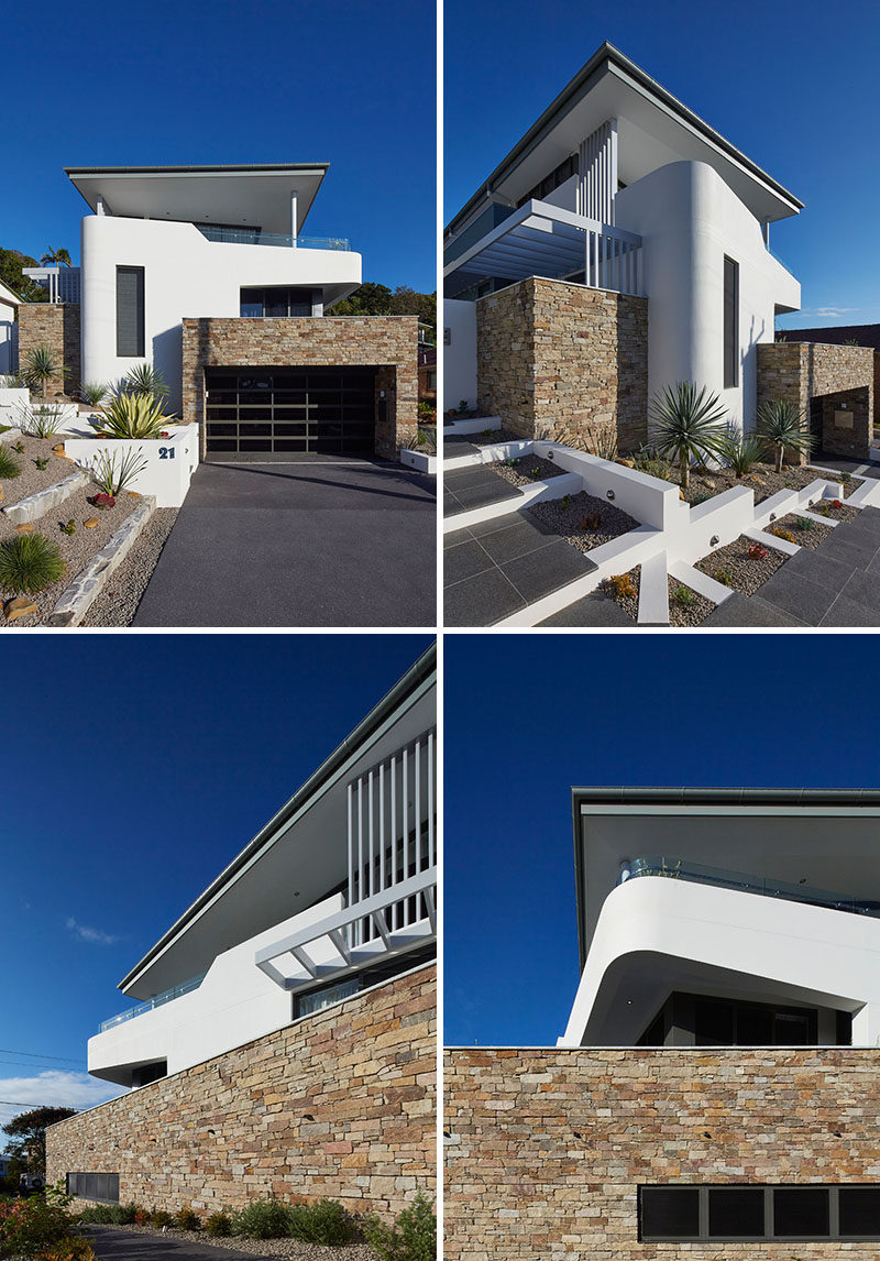 Побеленные фасады и камень в сочетании с неприхотливым ландшафтным дизайном современного вид дома 