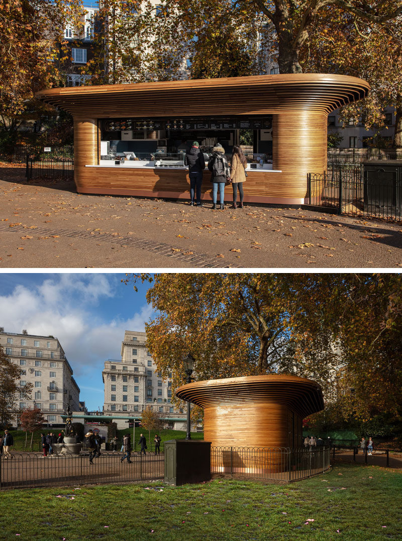 Mizzi Studio использовала экологически чистые материалы, такие как дерево и традиционные методы производства, чтобы создать современный киоск в парке. # Архитектура # ПаркКиоск #