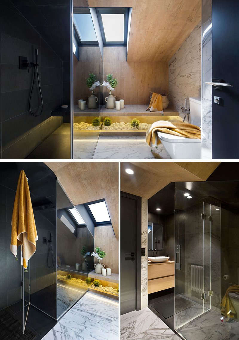 Современная небольшая ванная комната с черными стенами и плиткой с деревянными стенами и потолком. # МаленькаяВанная # ЧернаяВанная #Дизайн ванной