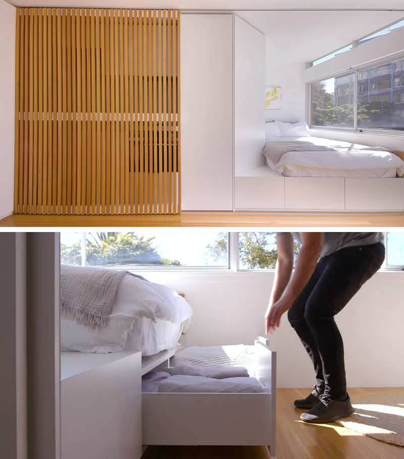 Идеи для небольших квартир - во всем интерьере этой небольшой квартиры были приняты разумные дизайнерские решения, например, в том числе ящики под кроватью, добавляющие полезного пространства в небольшой интерьер. #StorageIdeas #MicroApartment