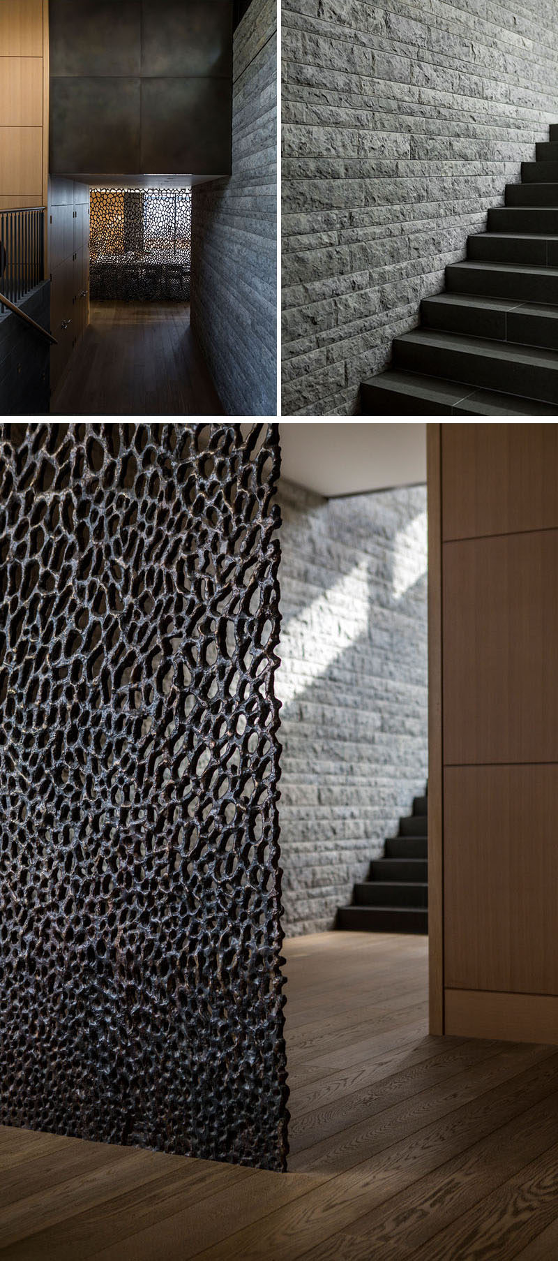 В этом современном доме каменная стена идет вдоль лестницы, а в нижней части лестницы есть декоративная ширма, скрывающая столовую. #SonteWall # Лестница # Декоративный экран