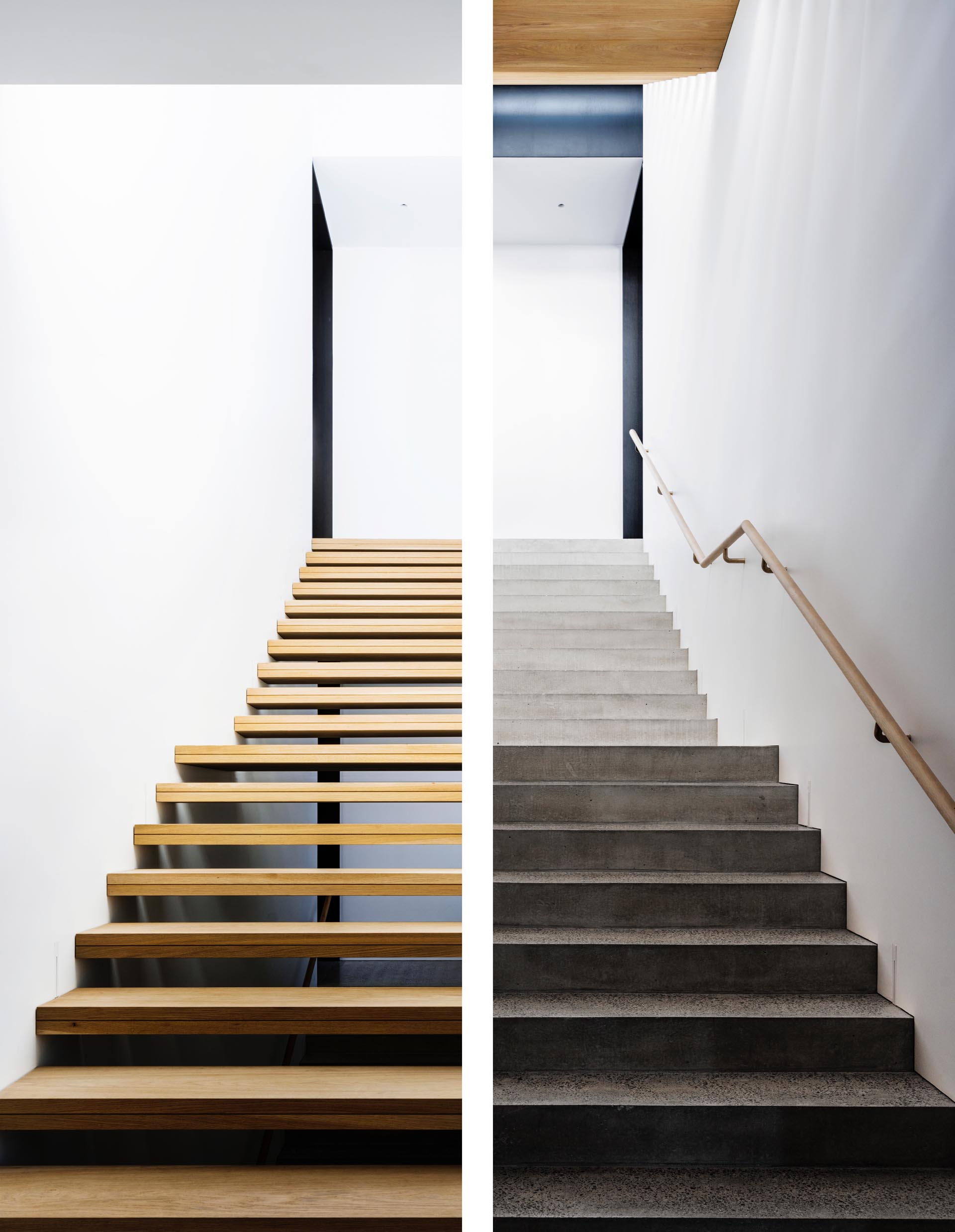 Два разных стиля лестниц: деревянная и бетонная.