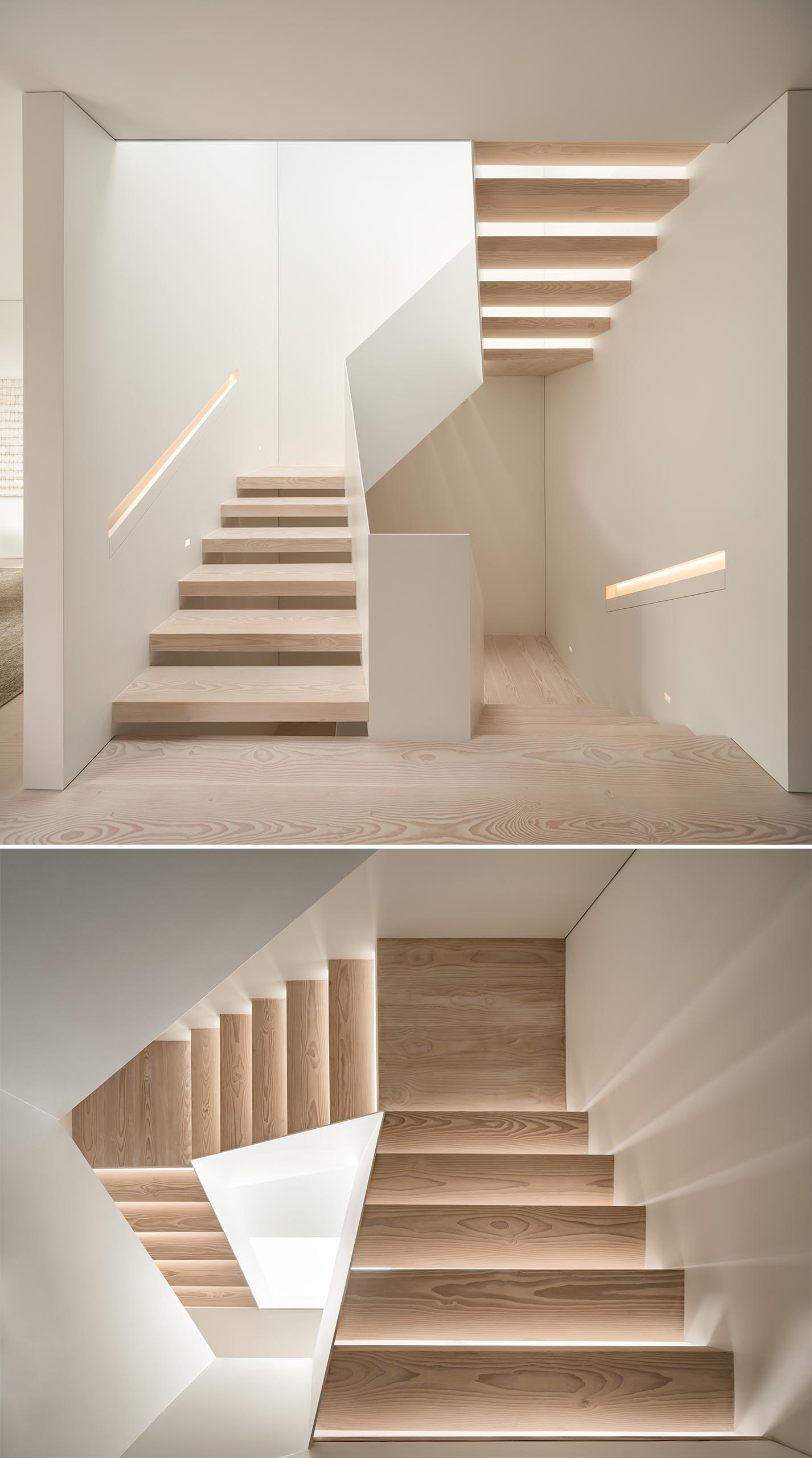 Лестницы из светлого дерева и белого цвета имеют встроенные поручни со скрытой подсветкой.