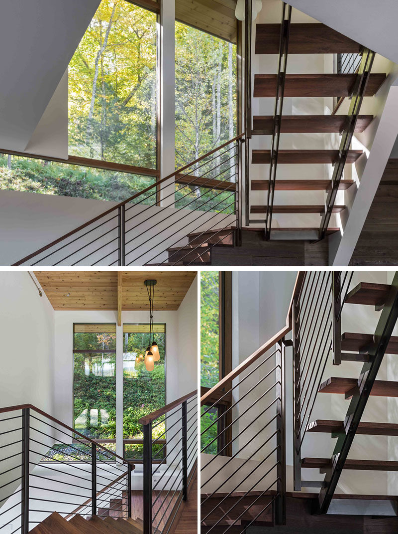 В этом современном двухуровневом доме есть лестница из дерева и стали, соединяющая разные этажи. # Лестница # Лестница # WoodAndSteelStairs