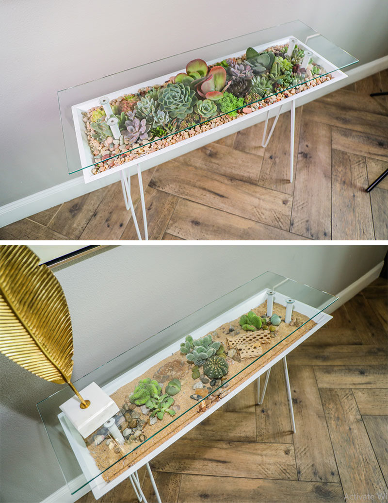 Идеи декора - BloomingTable был разработан со встроенным горшком, чтобы пользователи могли легко выращивать растения в своем доме, а также максимально использовать свое пространство. В лаосе есть стеклянная столешница, на которой можно увидеть небольшие декоративные элементы и растения внизу. # TableDesign # Planter # Суккуленты # Кактусы #IndoorPlanter
