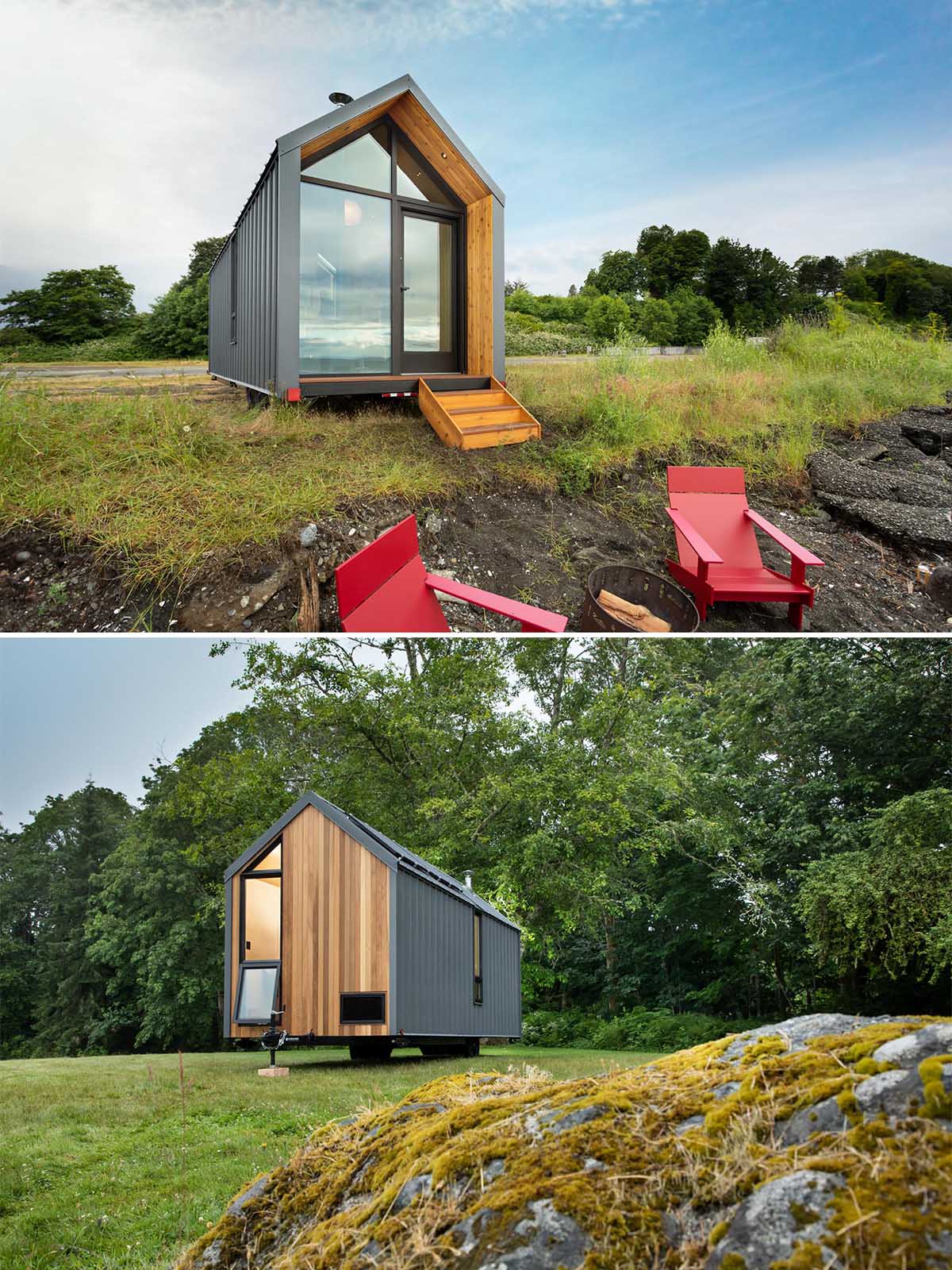 Этот современный крошечный дом имеет солнечную батарею на крыше, оснащенную батареями, металлический сайдинг со стоячим фальцем и акценты из кедра.