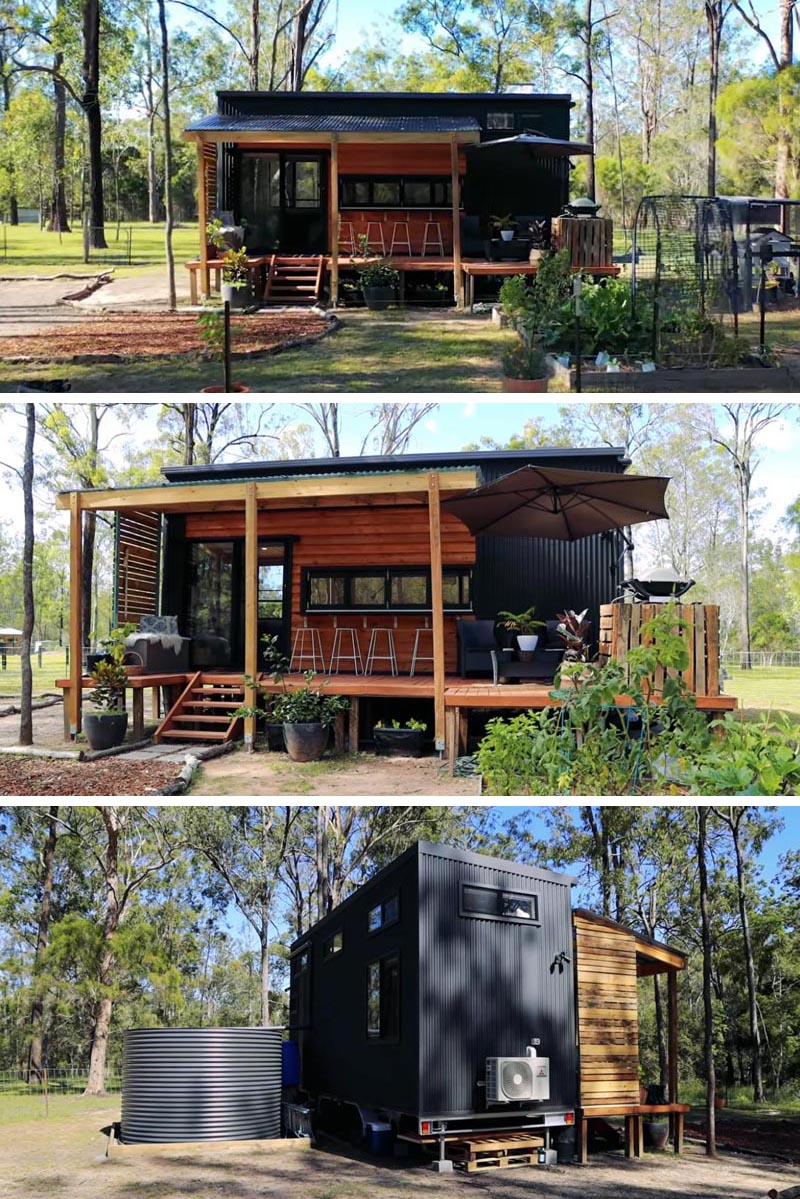 Этот современный крошечный домик с черной гофрированной металлической обшивкой, деревянными вставками и двумя спальнями-чердаками. #TinyHouse # 2СпальняTinyHouse #ModernTinyHouse # Архитектура