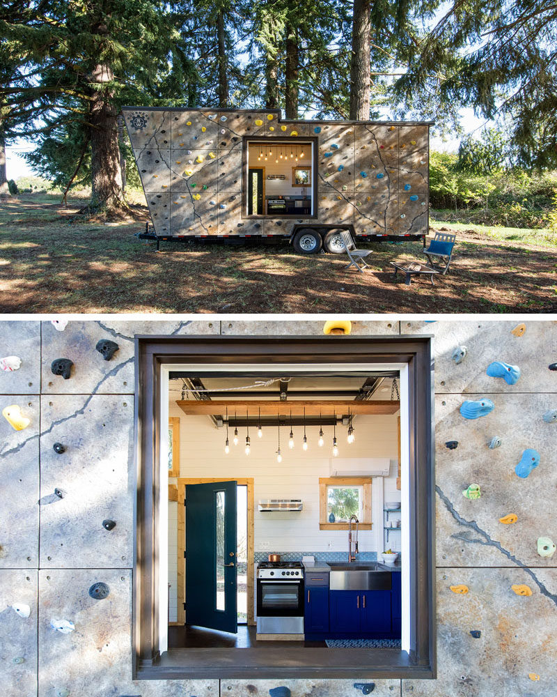 Внешний вид этого крошечного дома был покрыт зацепами для скалолазания, чтобы создать передвижной дом два в одном и тренажерный зал для скалолазания. #RockClimbingWall #InteriorRockClimbingWalls #TinyHouse