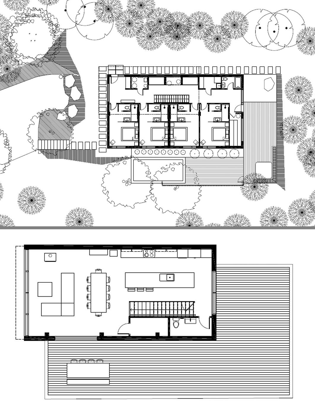 План современного дома с социальными зонами на верхнем этаже.