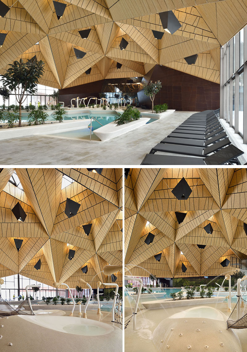  Внутри этого современного оздоровительного комплекса четырехгранные формы потолка / крыши позволили покрыть все пространство бассейна практически без опор. # Архитектура # СтроительствоДизайн 