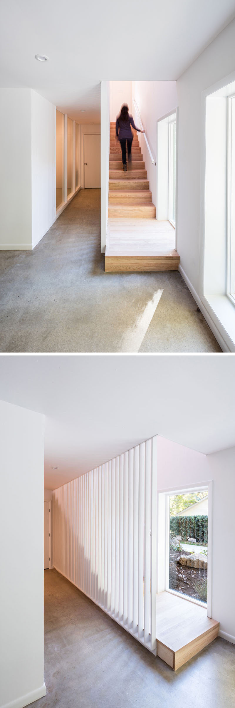 Эти простые и современные деревянные лестницы добавляют естественности белому интерьеру, а планки позволяют свету из окна проходить через пространство.