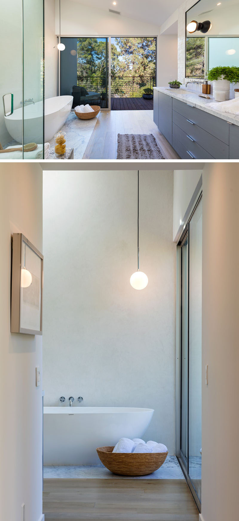 В этой современной ванной комнате есть собственный балкон, а из отдельно стоящей ванной открывается вид на деревья. # Современная ванная # Балкон # Дизайн интерьера
