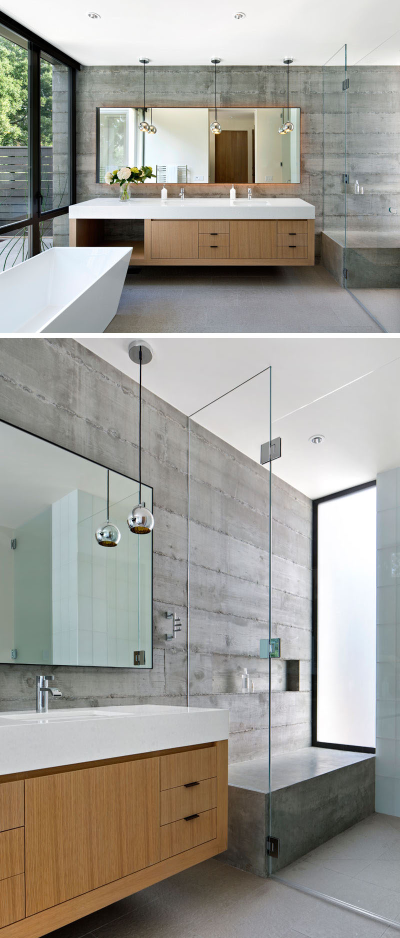 В этой современной ванной комнате бетонные стены и детали, такие как белая отдельная ванна, плавающий двойной туалетный столик с вместительным ящиком для хранения вещей и большое зеркало с подсветкой, придают ванной комнате современный вид, но в то же время придают ей теплый и уютный вид. В душе есть большая бетонная скамейка, подходящая к бетонным стенам, а стеклянная перегородка для душа сохраняет туалетный столик сухим.