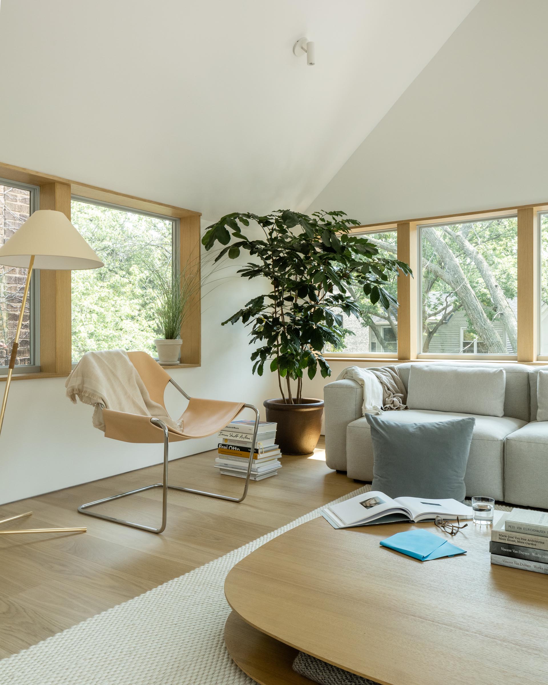 Современная гостиная со сводчатым потолком, деревянными оконными рамами и мебелью в стиле минимализма.