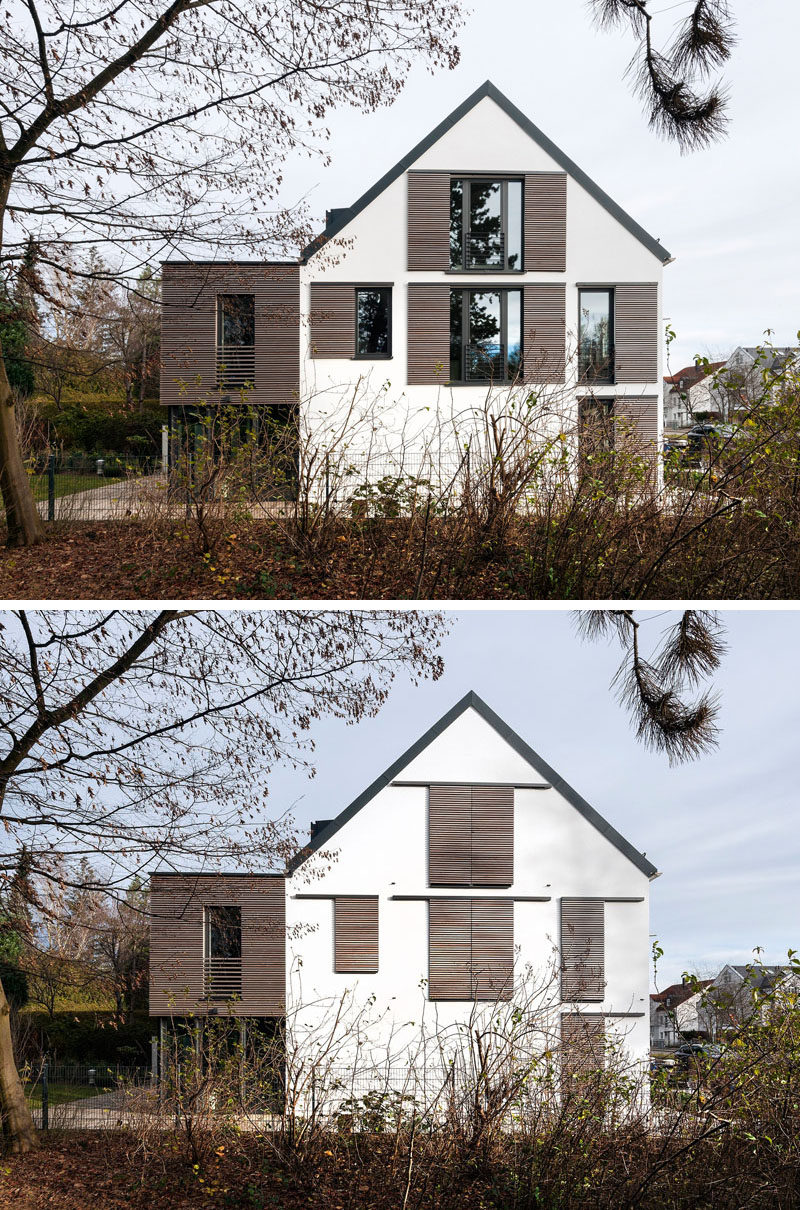 В этом доме установлены современные оконные ставни, которые сочетаются с деревянной обшивкой дома. 
