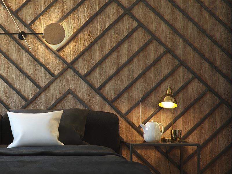Стена с акцентом на теплую древесину в этом современном интерьере украшена черными полосами, образующими геометрический узор и дополняющими квадратные прикроватные тумбочки и выбор мебели. #BedroomAccentWall #AccentWall #FeatureWall #BedroomDesign # BlackDecor