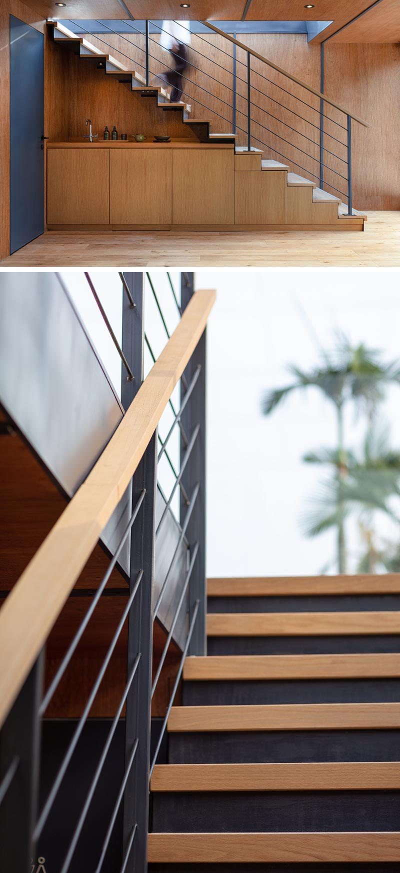 Промышленные штрихи, такие как лестница из стали и дерева с подходящими перилами, соединяют два уровня современного маркетингового пакета, состоящего из нескольких транспортных контейнеров. # Лестница # Стальная лестница # Дизайн лестницы # Современные лестницы