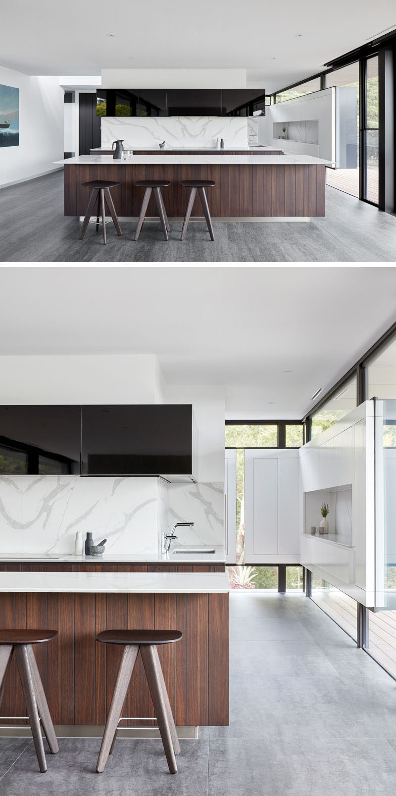  В этой современной кухне ярко-стены контрастируют с черными элементами дизайна, такими как мебель и оконные рамы, деревянный остров пространству нотку тепла. #ModernKitchen #KitchenDesign 