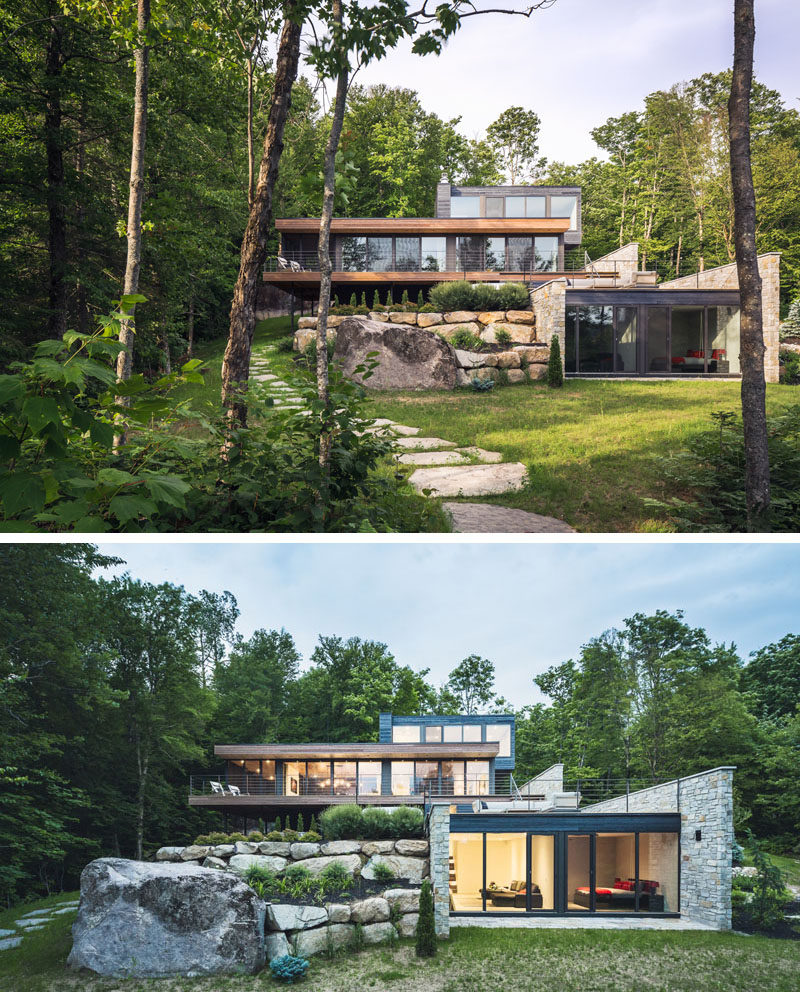 Деревянное и каменное покрытие фасада этого многоуровневого современного дома в лесу