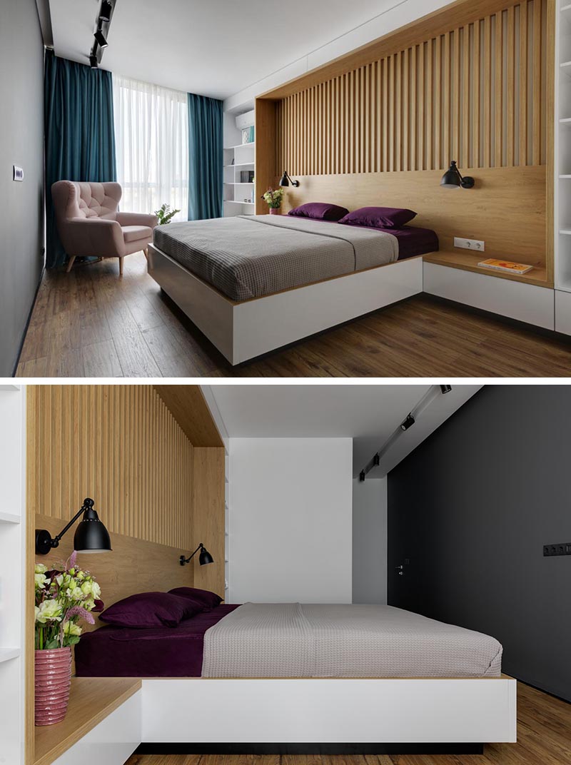 Украинская дизайнерская компания K-BAND спроектировала современную спальню для квартиры в Киеве, а в одной из спален они создали целую нестандартную стену, включающую изголовье, тумбочки и книжные полки. # СпальняДизайн # СовременнаяСпальня