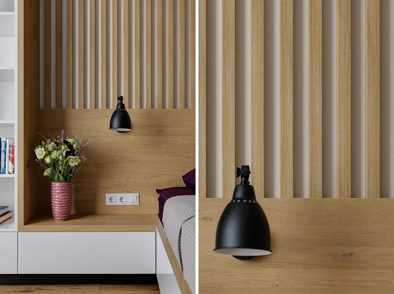 В этой современной спальне стены с деревянными акцентами украшены прикроватными тумбочками и книжными полками. # МодернСпальня # Дизайн спальни # Спальня Изголовье