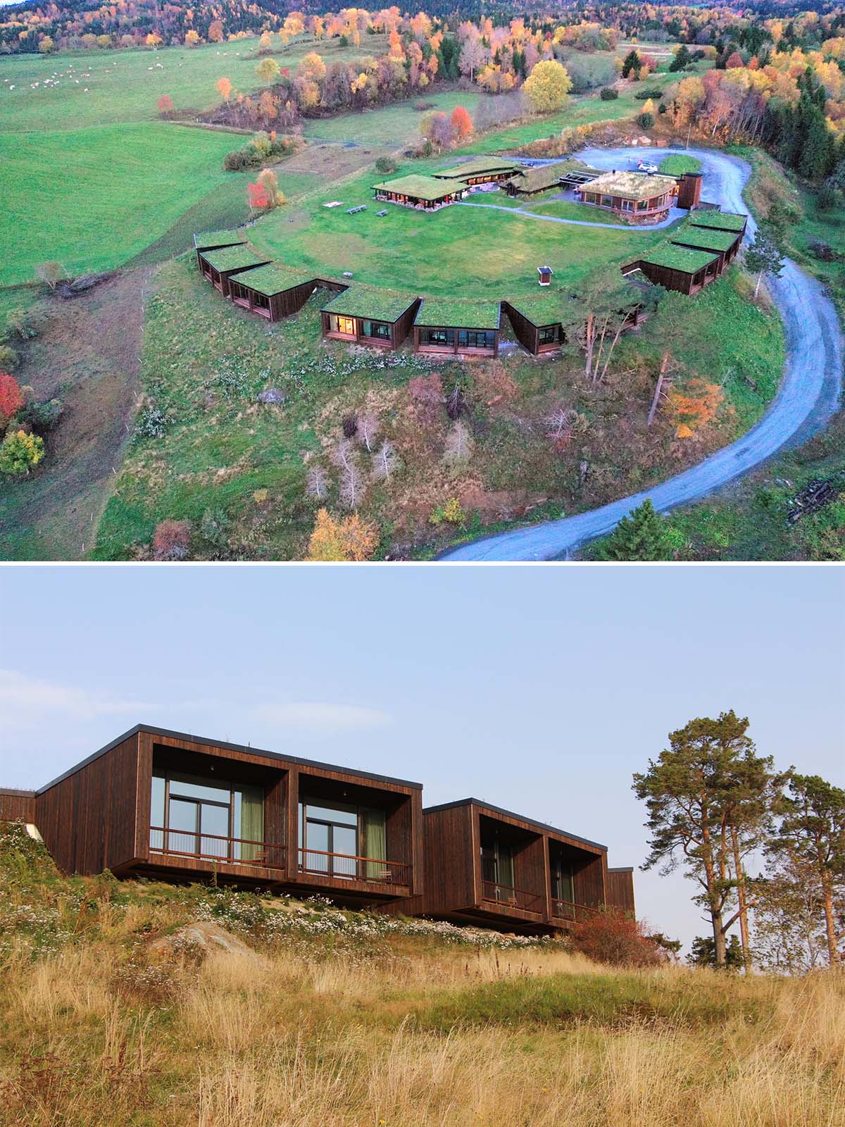 Отель Øyna Cultural Landscape Hotel в Норвегии сливается с холмом.
