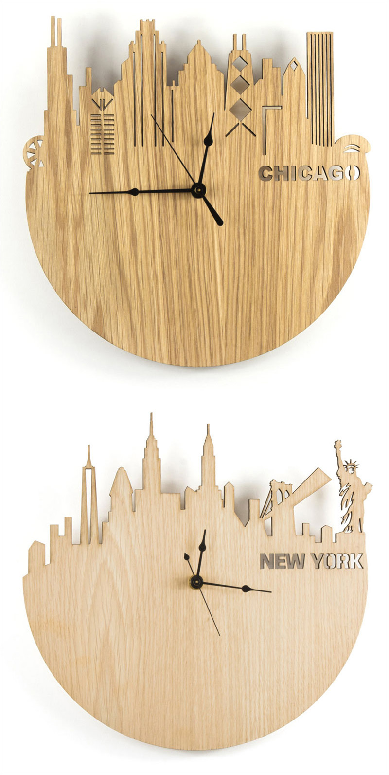 Эти современные настенные часы из дерева украшены вырезанными лазером силуэтами известных городов со всего мира. #ModernWoodClock #WallClock #ModernDecor #ModernClock