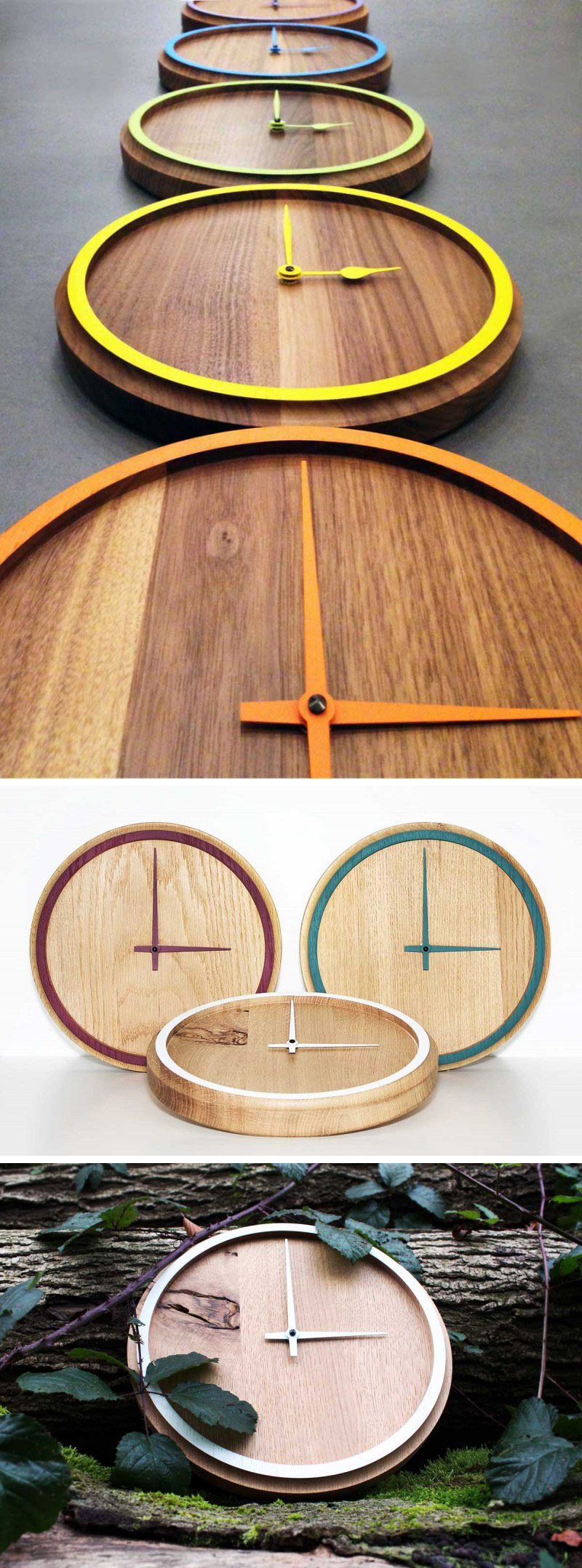 Стрелки этих часов из цельного дерева сочетаются с красочными ободами, чтобы часы были простыми, забавными и современными. #ModernWoodClock #WallClock #ModernDecor #ModernClock