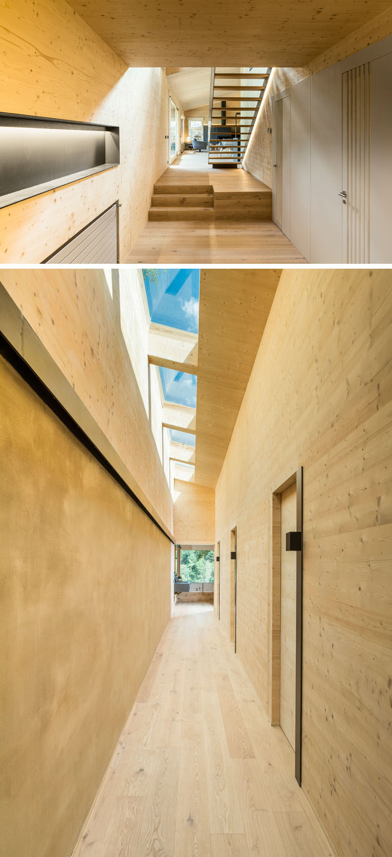 В основном это деревянный коридор, ведущий в спальне и ванную комнату, с потолочными окнами, позволяющими естественным свету проникать в интерьер, # Прихожая # Световые люки