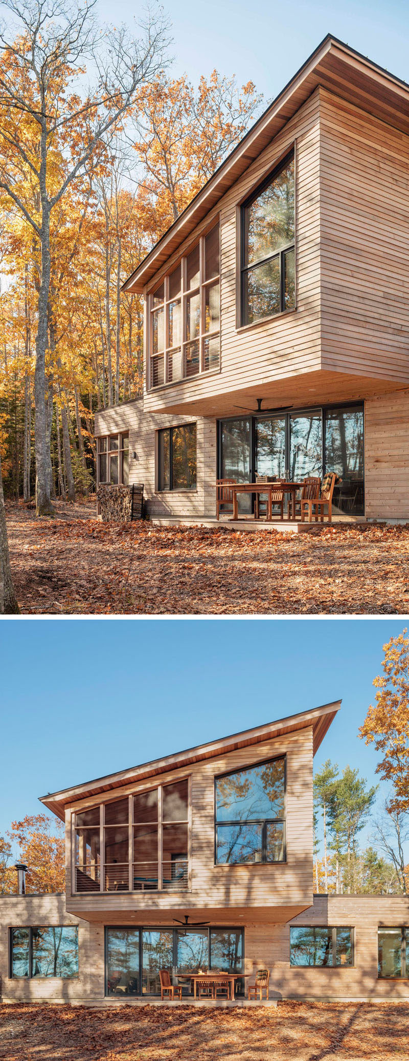  Kaplan Thompson Architects спроектировали новый современный дом в Харпсвелле, штат Мэн, который стоит у воды и имеет внешний вид кедрового сайдинга с различными текстурами, которые позволяют дому раствориться в деревьях. #ModernHouse #WoodHouse 