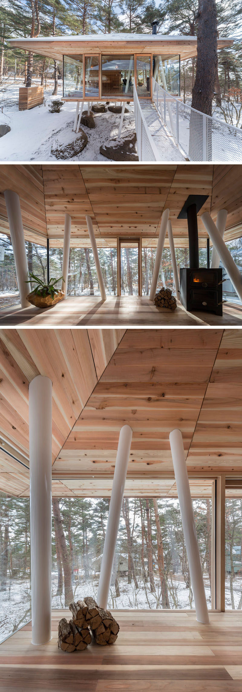Архитектурная фирма Life Style Koubou разработала« Годовой проект »- дом для отдыха в Японии, состоящий из двух отдельных зданий, расположенных на сваях и соединенных мостом. # Архитектура # Современная архитектура # Ходул # ОтпускДом # ЯпонскийАрхитектура # ИнтерьерДизайн # Дерево