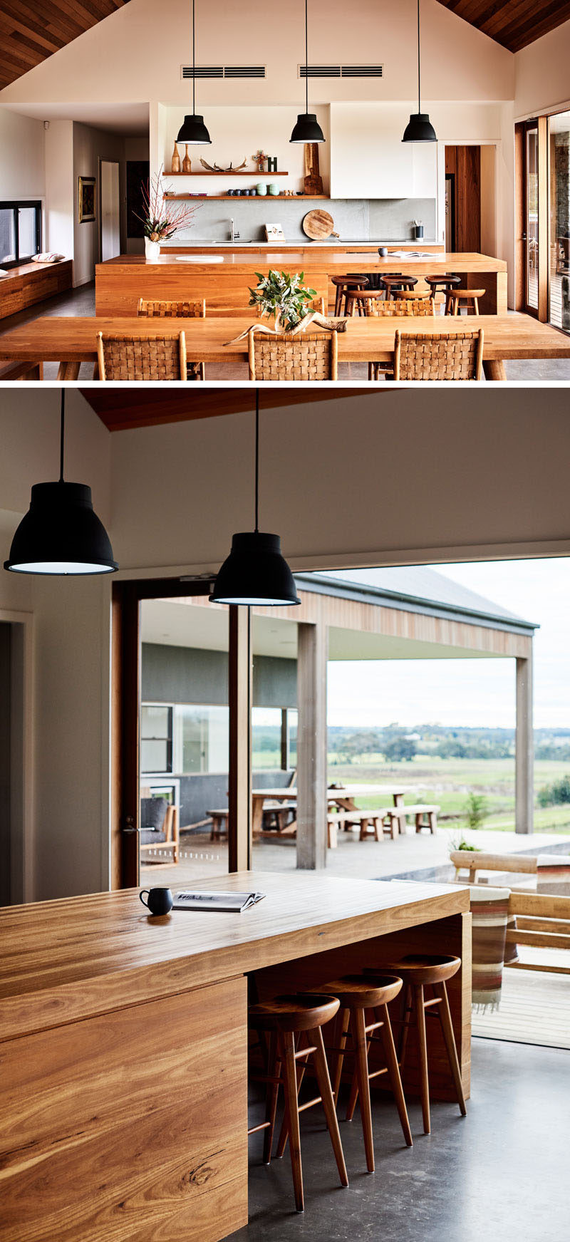 В этой современной кухне открытые деревянные стеллажи контрастируют с белыми стенами, а на большом деревянном острове есть места для шести человек. # МодернКухня # ДревесинаКухня #InteriorDesign #KitchenDesign