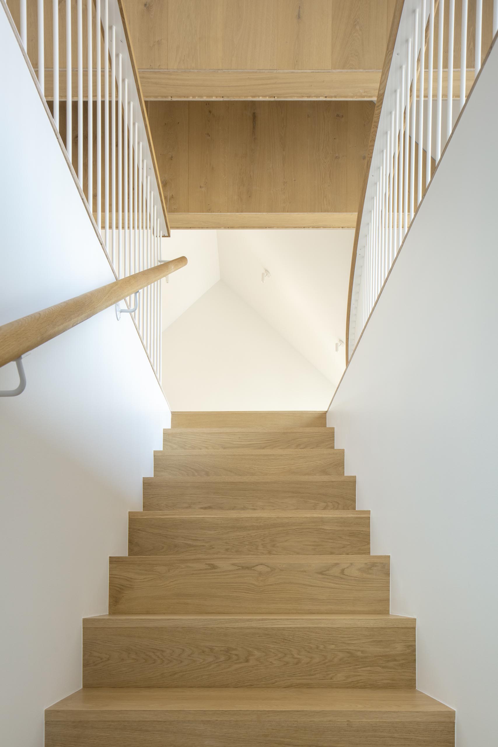 Деревянная лестница с подходящими перилами ведет в общественные зоны этого современного дома.