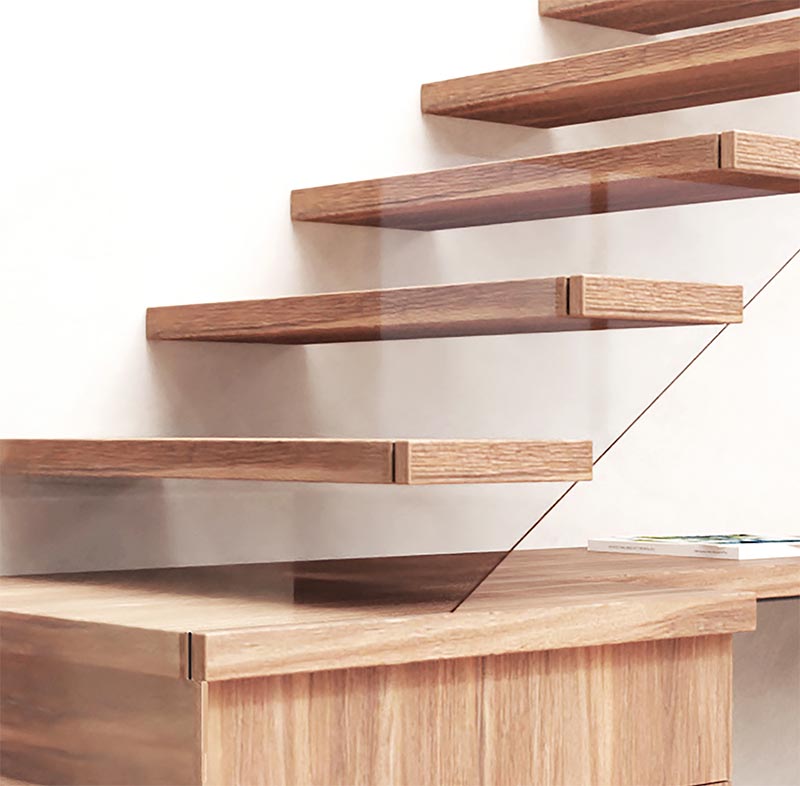 Вот более подробный взгляд, который показывает, как стеклянные перила безопасности были включены в дизайн этих современных деревянных лестниц. Прикрепив стекло к концам ступеней лестницы, они могут заставить его повторять форму лестницы, что заставляет его почти исчезать, создавая ощущение парящей лестницы. #ModernWoodStairs #GlassSafetyRailing #StairDesign
