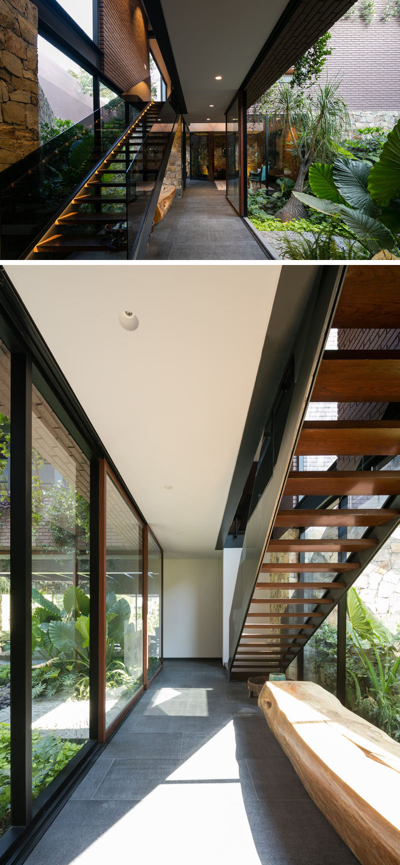 На верхний этаж этого современного мексиканского дома ведет лестница из дерева, стали и стекла.