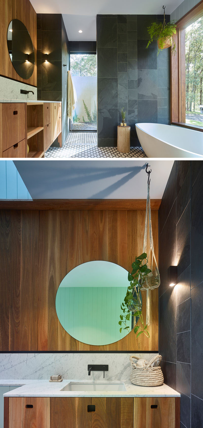 В этой современной ванной комнате панель частично матового обеспечивает уединение в душе, не загораживая свет, из большого окна рядом с ванной открывается вид на деревья. # ВаннаяДизайн # Современная