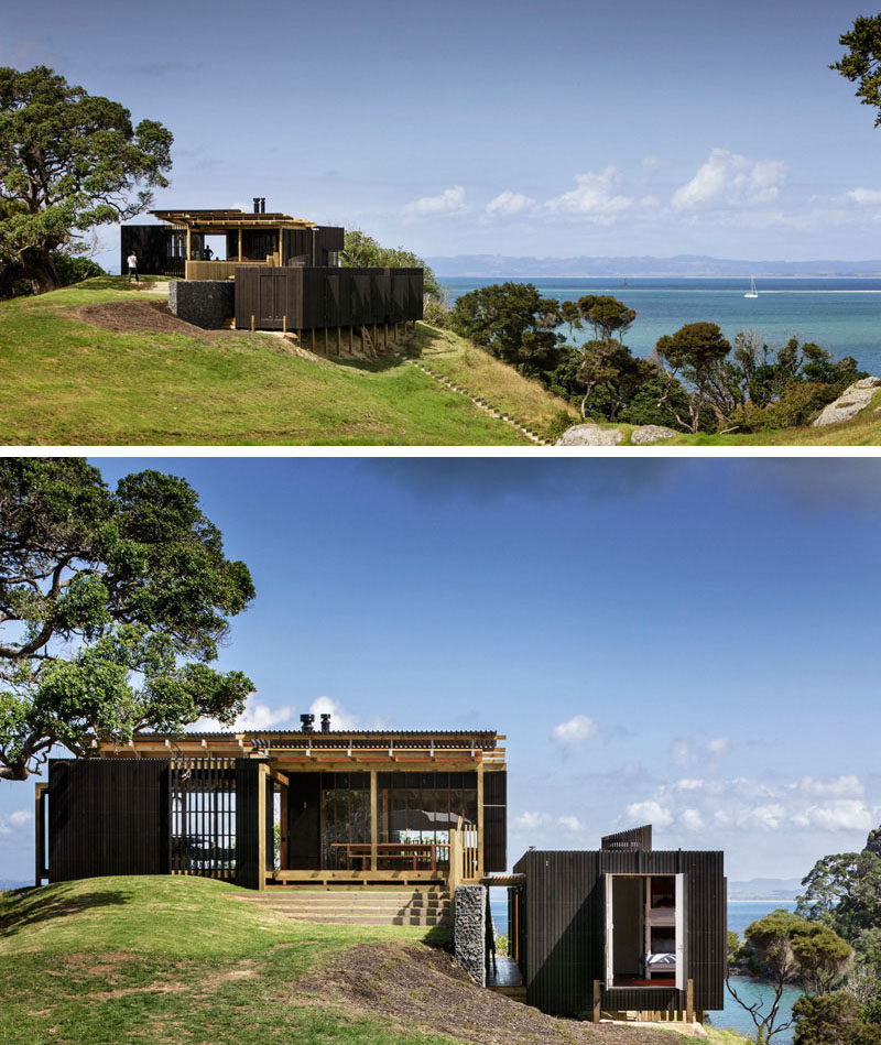 14 примеров современных пляжных домиков // Этот дом для отпуска расположен на вершине холма, покрытого травой, и из него открывается невероятный вид на мысы Фангареи на Северном острове Новой Зеландии.