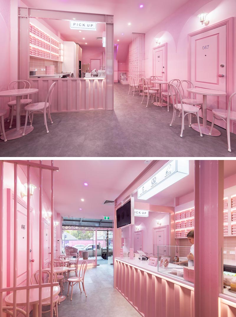 Современный однотонный розовый интерьер пекарни вдохновлен эстетикой калифорнийского мотеля 70-х годов. # РозовыйИнтерьер # МонохромныйИнтерьер # Пекарня # РетейлДизайн # КафеДизайн