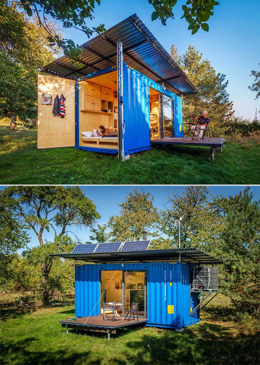 Автономный крошечный дом, сделанный из небольшого транспортного контейнера, который включает в себя раскладную кровать, солнечные батареи, небольшую кухню и ванную комнату.