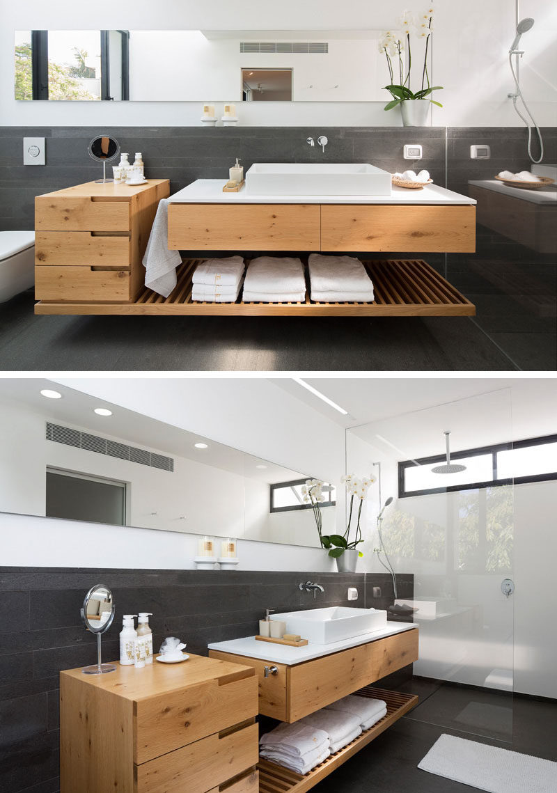Идеи дизайна ванной комнаты - открытая полка под столешницей // Эта полка также содержит набор ящиков на одном конце, чтобы обеспечить больше места для хранения и упорядочить товары для ванной комнаты.