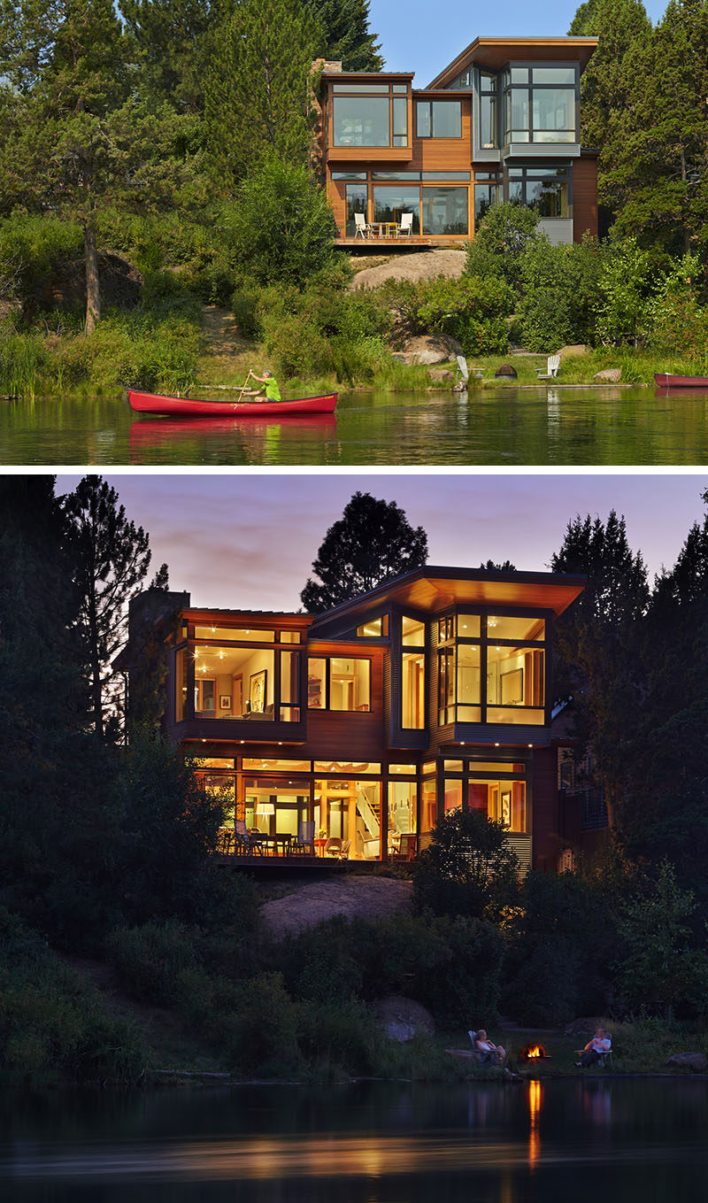 20 удивительных примеров архитектуры северо-запада Тихого океана // Большие окна в этом доме кажутся возвышающимися из-за деревьев и скал на берегу реки в Орегоне.