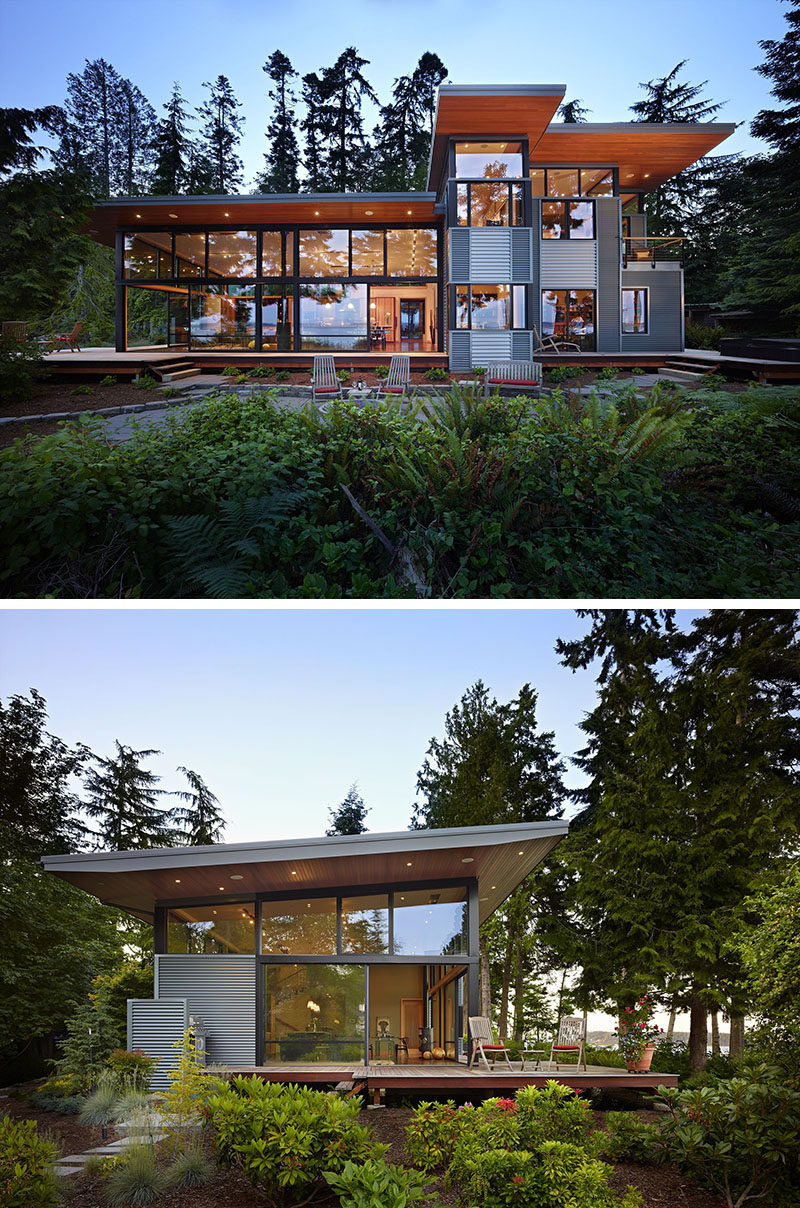20 удивительных примеров архитектуры северо-запада Тихого океана // Стены окон пропускают свет в этот лесной дом, а навесные деревянные карнизы создают естественный элемент.