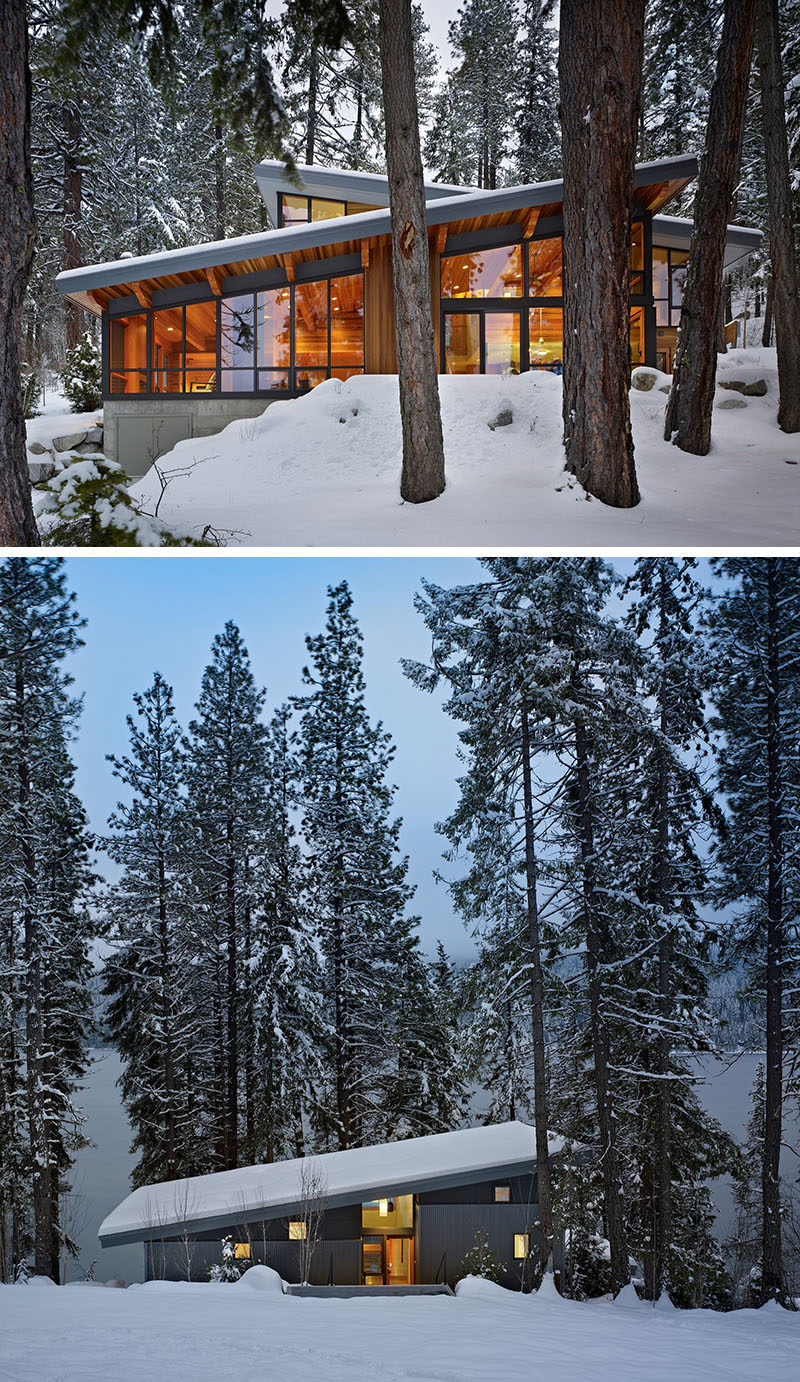 20 удивительных примеров архитектуры тихоокеанского северо-запада // Большие окна сохраняют ощущение связи этого дома с окружающим лесом, а скалы, окружающие дом, обеспечивают дренаж при таянии снега.