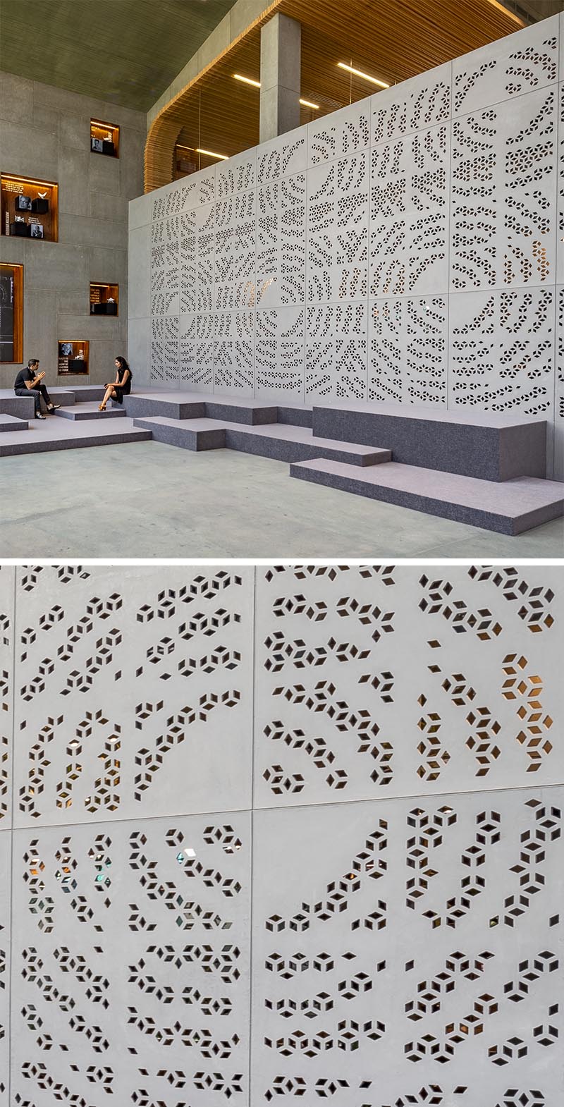 Большая стена, расположенная в просторном вестибюле, украшена геометрическими перфорациями, создающими общий круговой узор. #OfficeDesign # WorkplaceDesign #ArtisticWall # Перфорированная стена