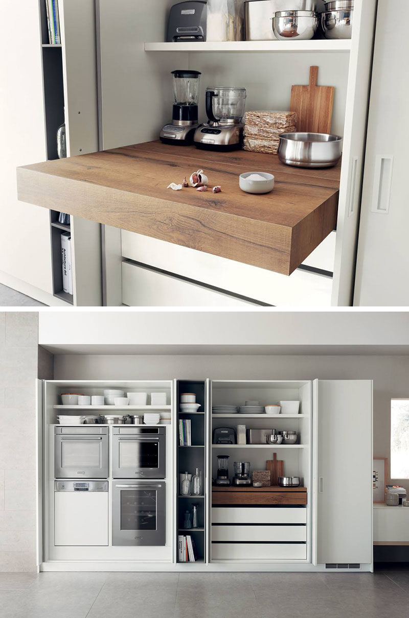 Идея дизайна кухни - Выдвижные стойки (10 изображений) // Выдвижные стойки отлично подходят для создания большего пространства на компактной кухне, которую можно полностью закрыть, когда она не используется.