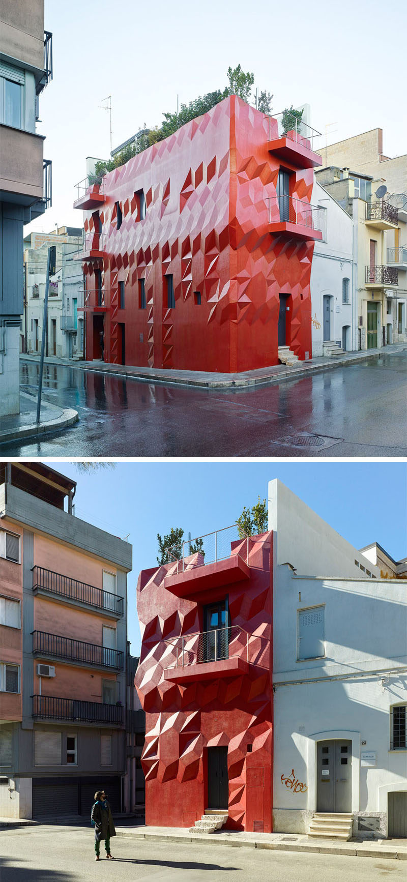 11 красных домов и здания, которые не боятся заявить о себе // 3D-алмазы, кажется, выступают на внешней стороне этого ярко-красного здания и еще больше выделяют его на фоне соседей 