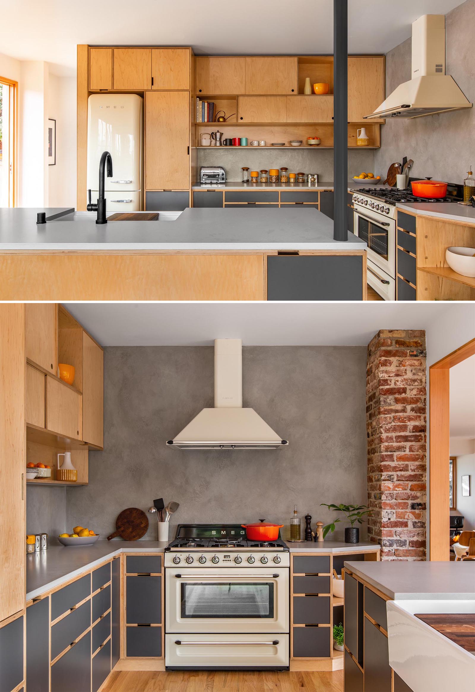 Кухня, спроектированная по индивидуальному заказу, с деревянными шкафами, созданными таким образом, чтобы максимально использовать заднюю стену.