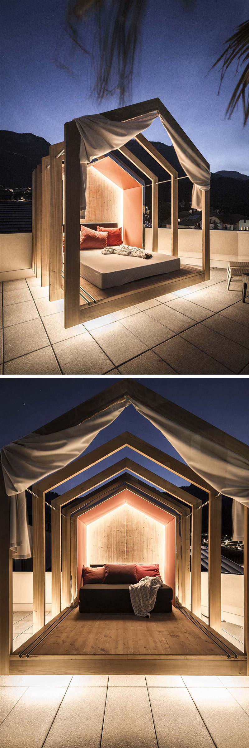 Эта современная открытая спальня на крыше со скрытым освещением имеет выдвижную деревянную кабину, которая может быть как открытая, так и закрытая, что позволяет вам спать под звездой 