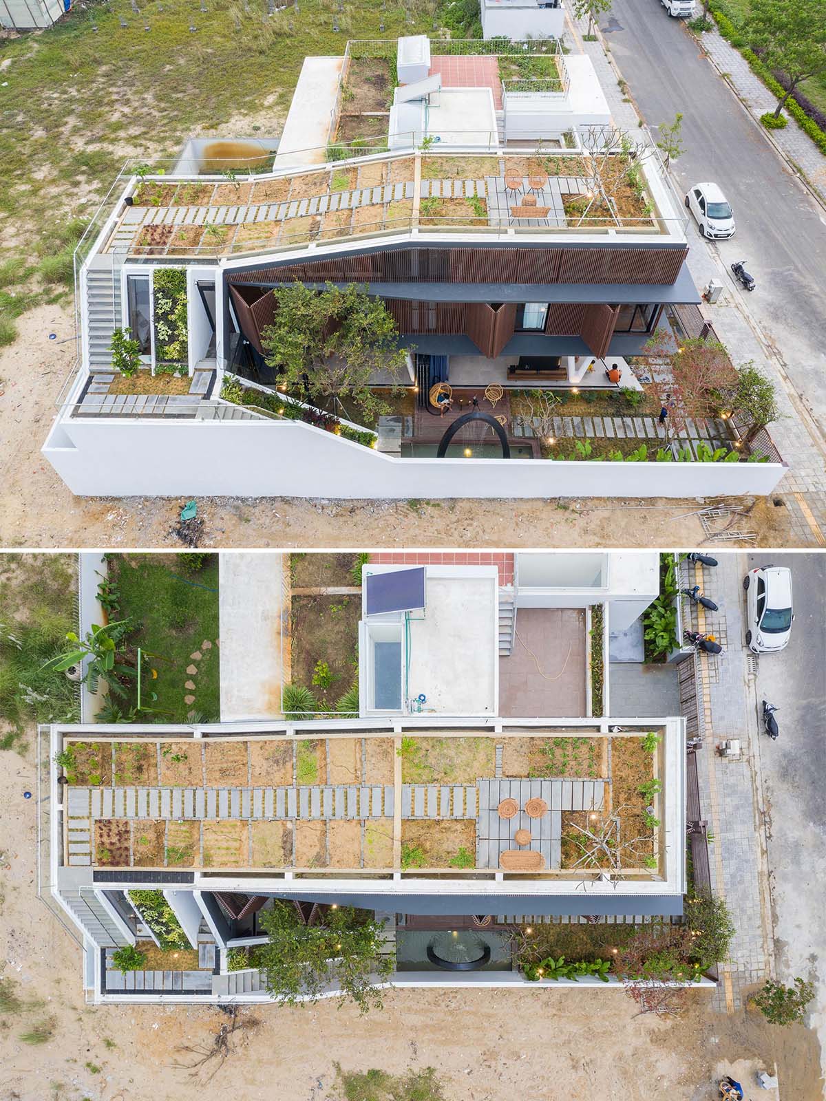 На крыше этого современного дома есть небольшой внутренний дворик и сад с травами / овощами, который дает достаточно для повседневного использования.