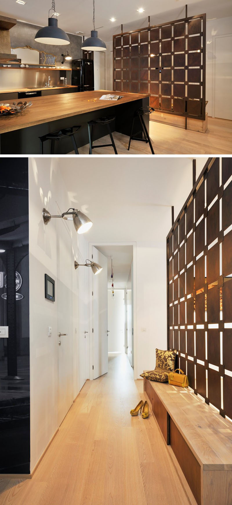 15 креативных идей для перегородок // Стеновые панели художественной геометрической формы разделяют прихожую и кухню в этой словенской квартире. #ModernRoomDivider #RoomDivider #InteriorDesign # Interiors